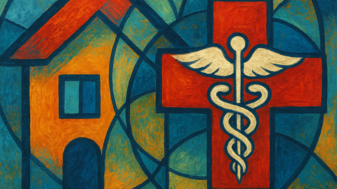 A coloful geometric pattern containing a house and a caduceus.
