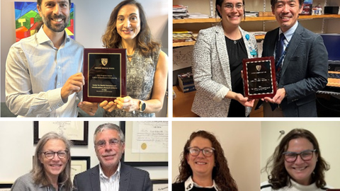 Recipients of the 2025 PACEM Award pose with their rectangular awards.