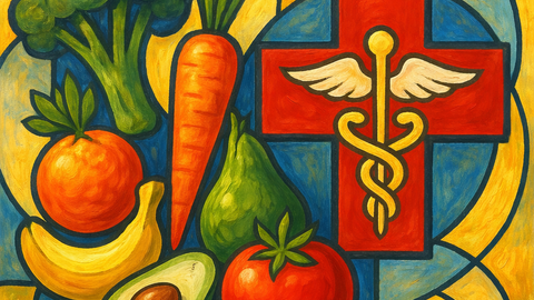 Assorted fruits and vegetables and a caduceus in a colorful collage.