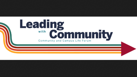Text "Leading with Community" followed by an arrow with yellow, red, and green stripes.