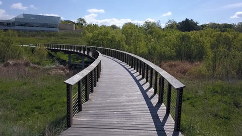 A curved bridge runs along a field of green. There is a building in the distance. 