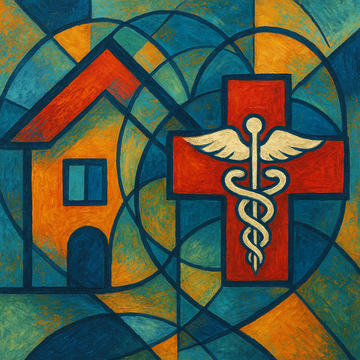 A coloful geometric pattern containing a house and a caduceus.