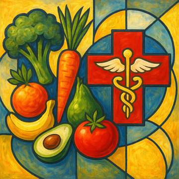 Assorted fruits and vegetables and a caduceus in a colorful collage.