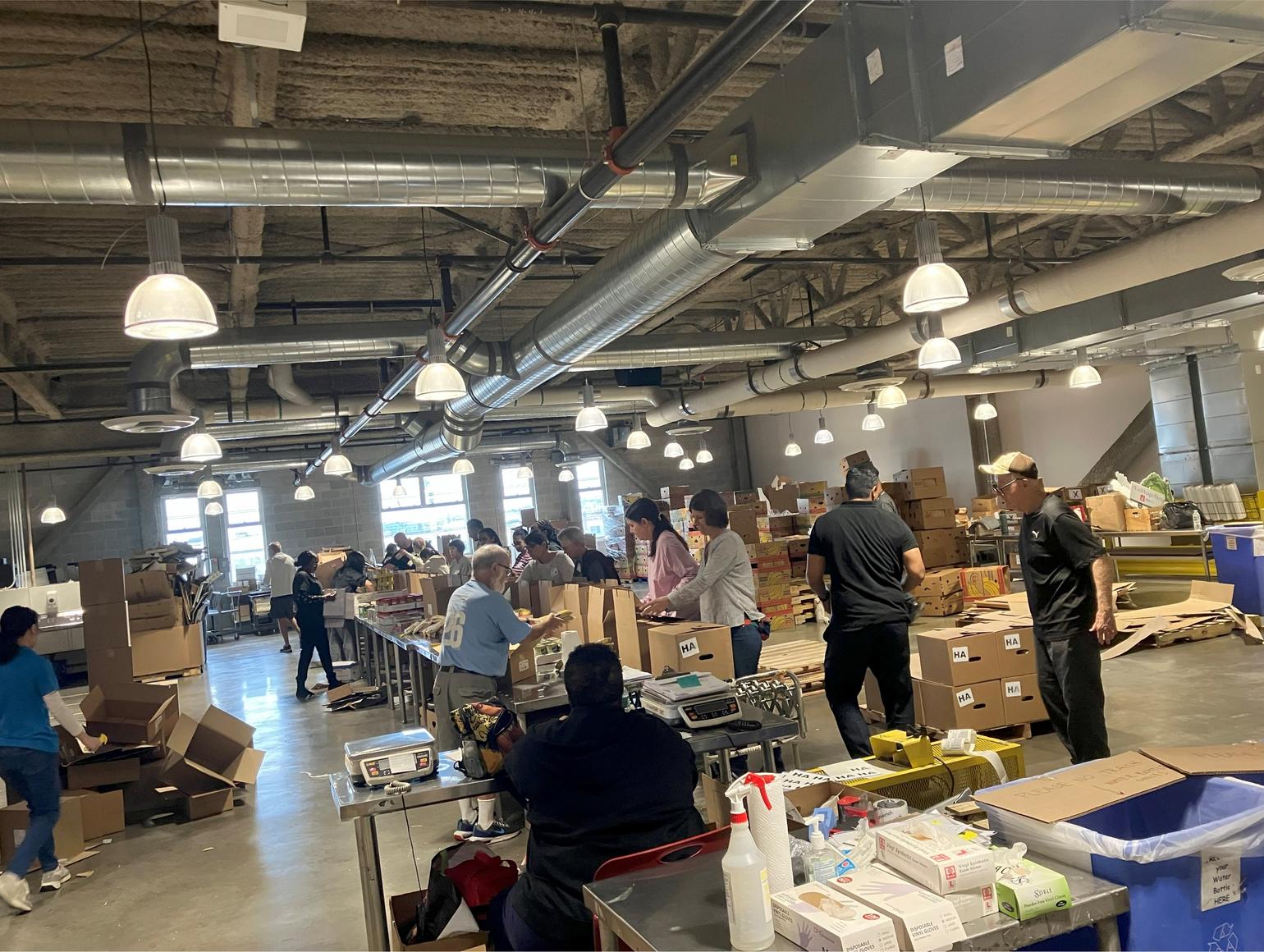 Volunteer pack boxes of food at the Greater Boston Food Bank.