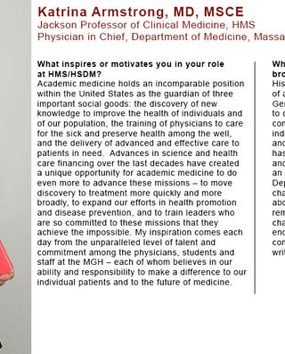 Katrina Armstrong holds a red book about the history of MGH from 1955 to 1980.