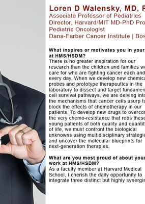 Loren Walensky is holding a vial in his left hand and an image of a structure of a biochemical complex in his right hand.