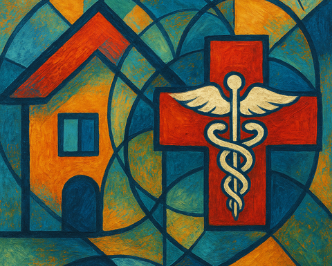 A coloful geometric pattern containing a house and a caduceus.