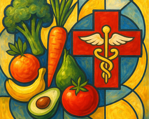 Assorted fruits and vegetables and a caduceus in a colorful collage.