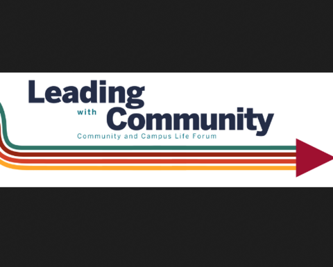 Text "Leading with Community" followed by an arrow with yellow, red, and green stripes.
