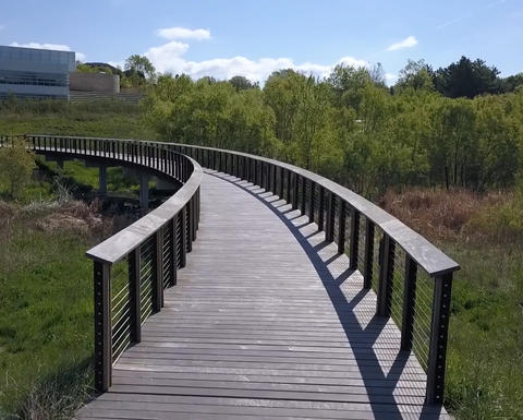 A curved bridge runs along a field of green. There is a building in the distance. 