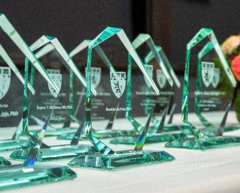 Polygonal-shaped glass awards are displayed a table with a white tablecloth. There is a vase of colorful flowers in the background.