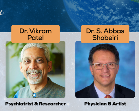 A picture of the Earth in a blue gradient with both speakers' headshots.